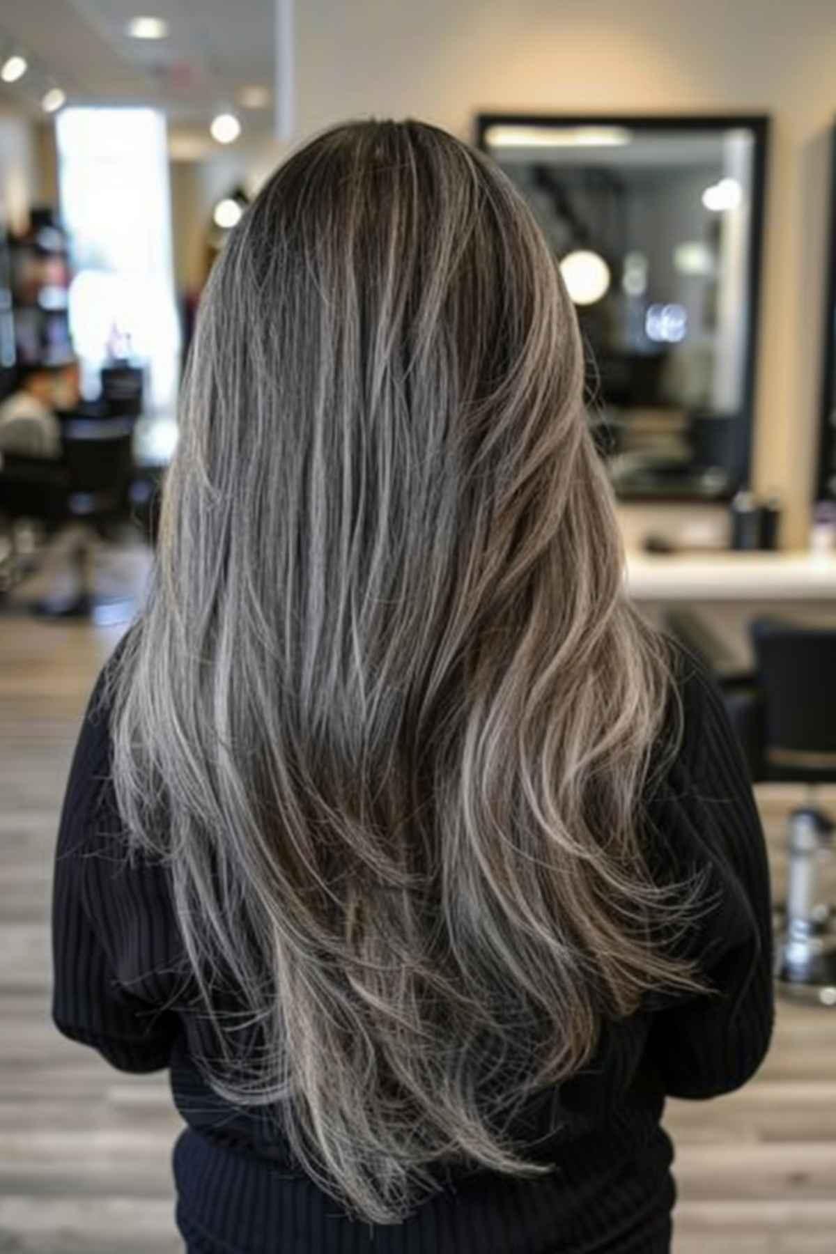 Long layered ash grey hair color