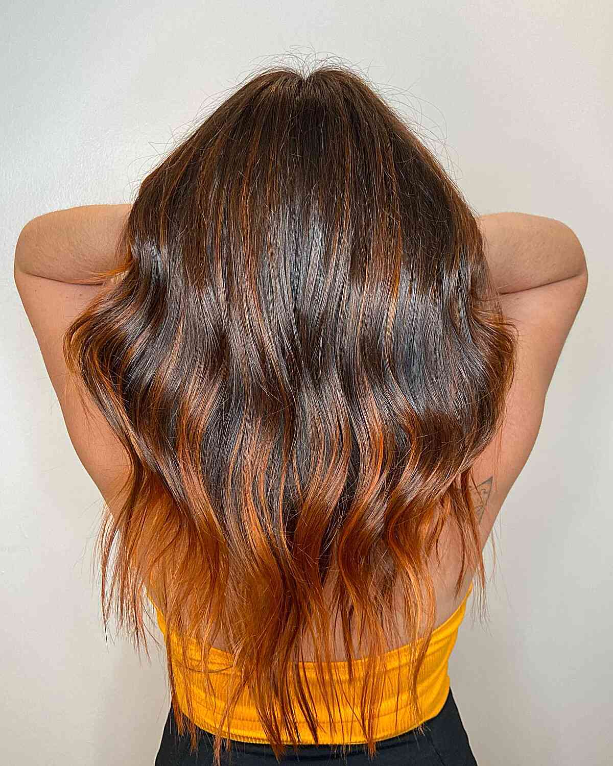 Long-Length Brown Hair with Pumpkin Spice Ombre Highlights