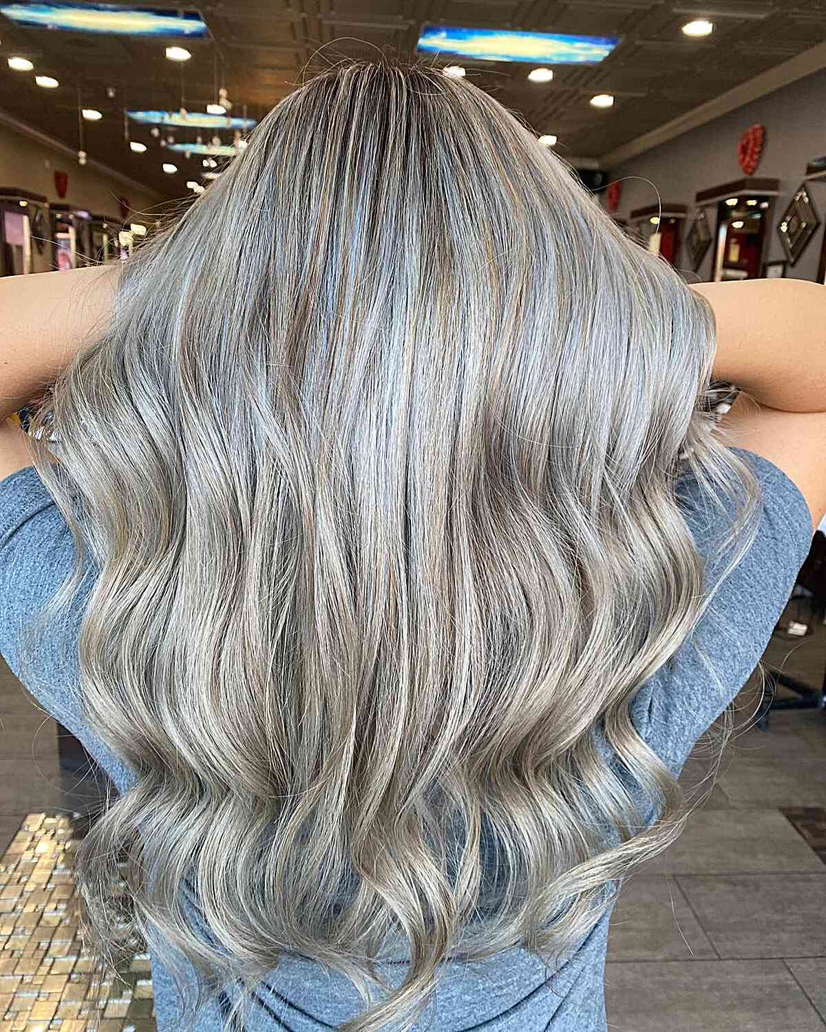 Long-Length Platinum Dark Blonde Hair Highlights on a Dark Base