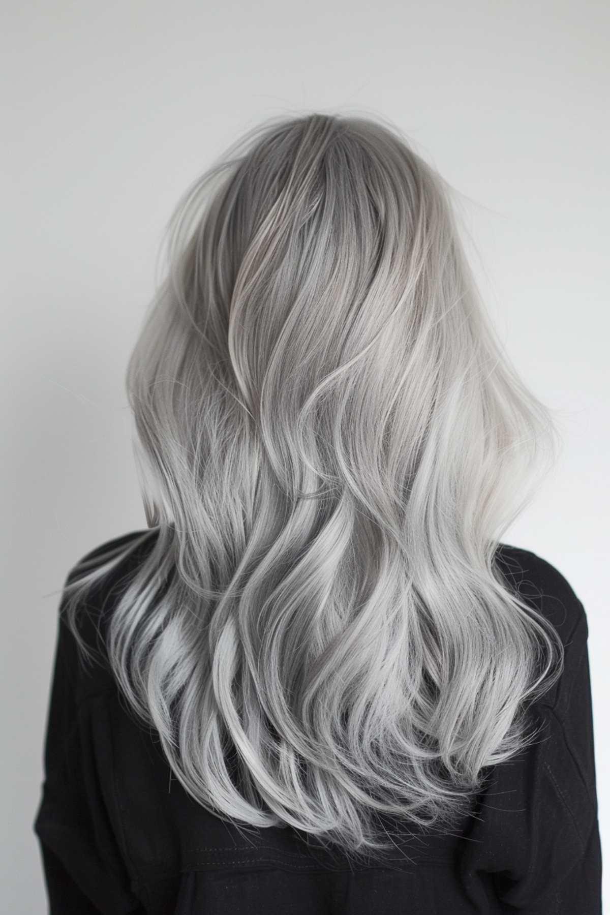 Long platinum grey wavy hairstyle