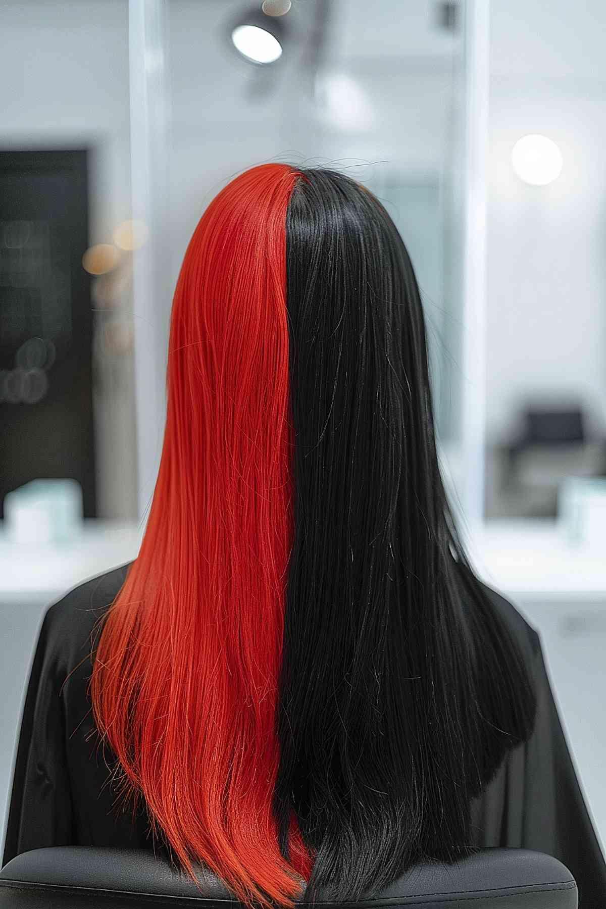 Long, sleek hair with a striking red and black split, exemplifying the Gemini spirit of duality.