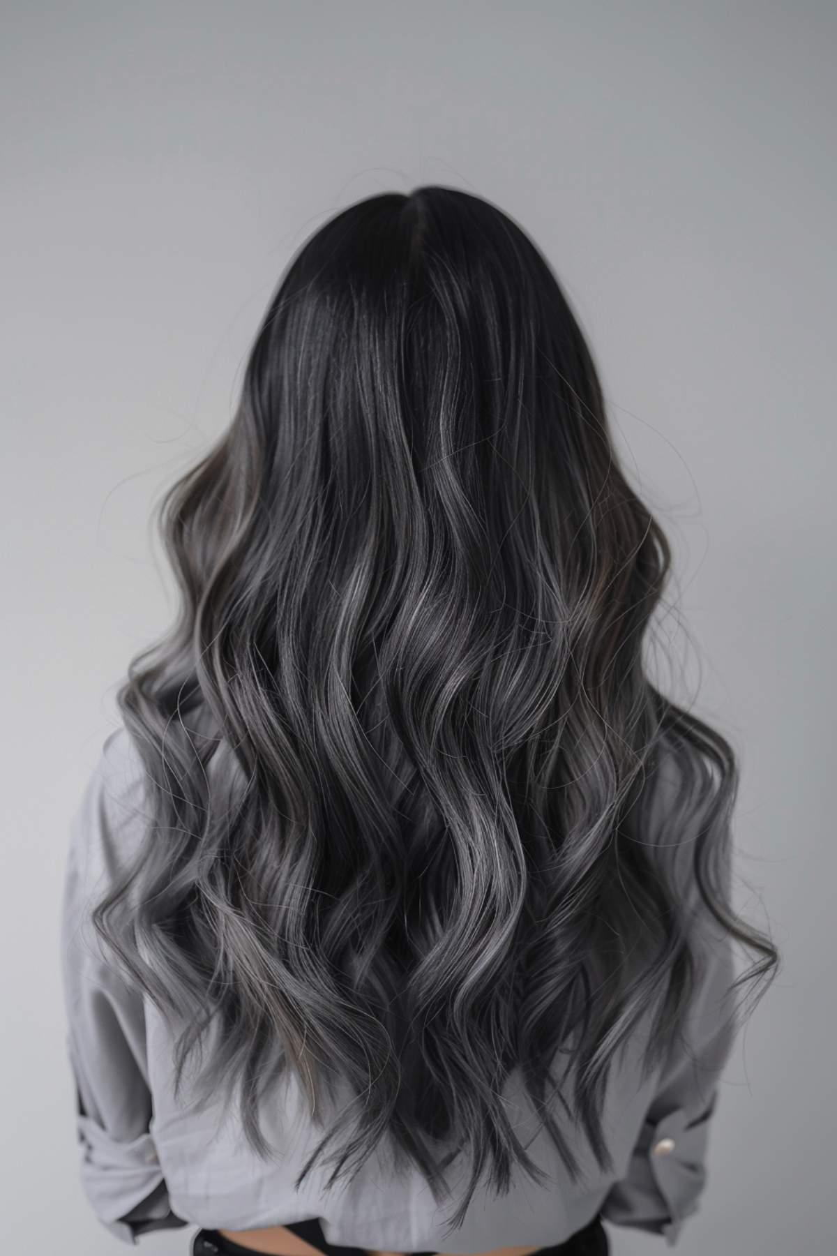 Long wavy black balayage with grey highlights