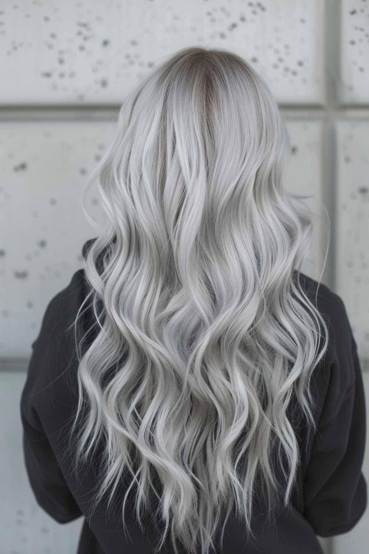 Long wavy bright silver hair color