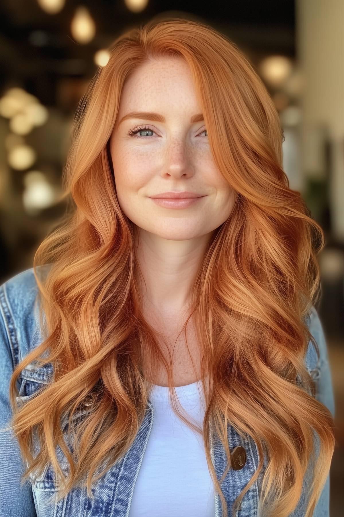 Long wavy copper hairstyle with rich vibrant color