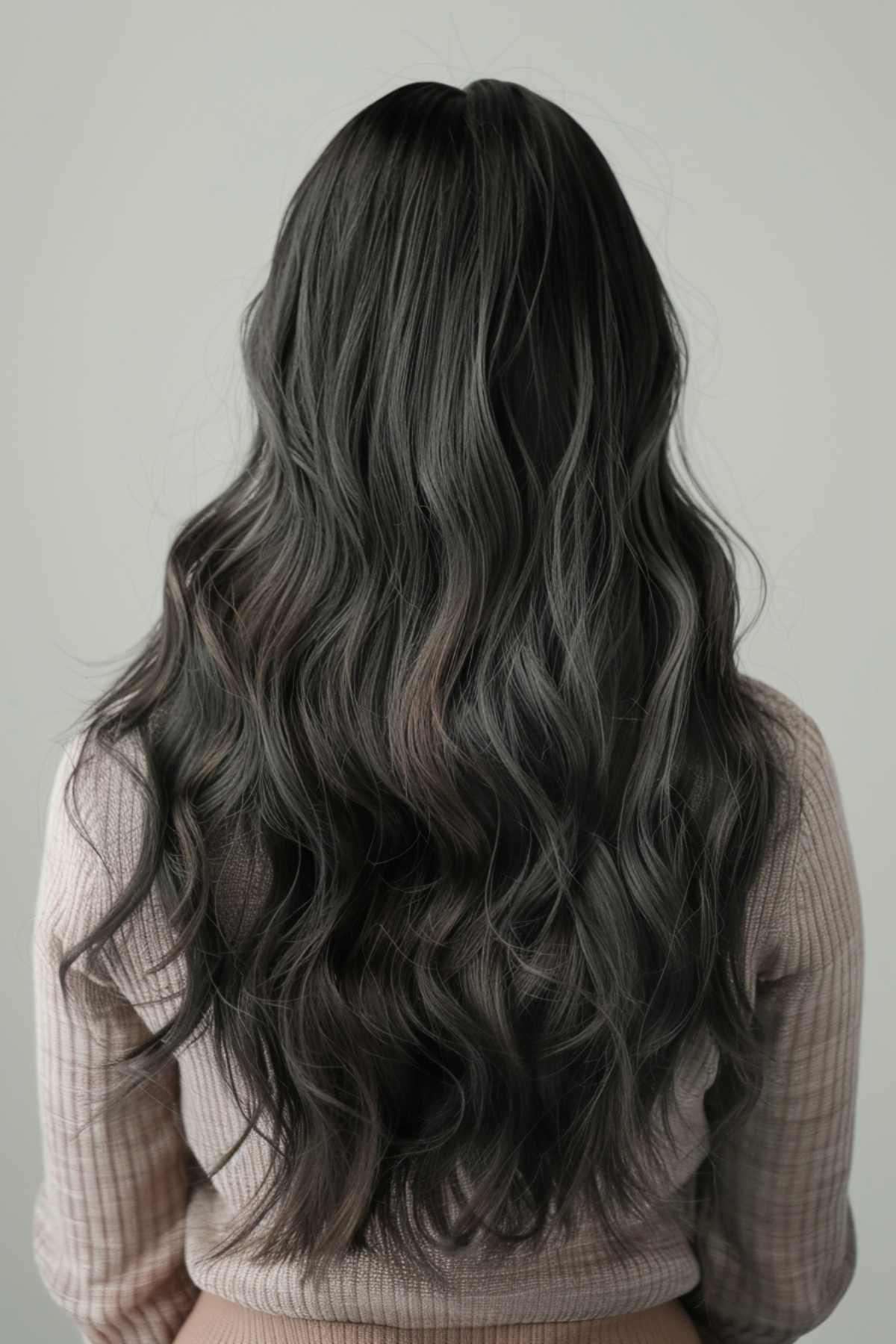 Long wavy dark charcoal grey hair color