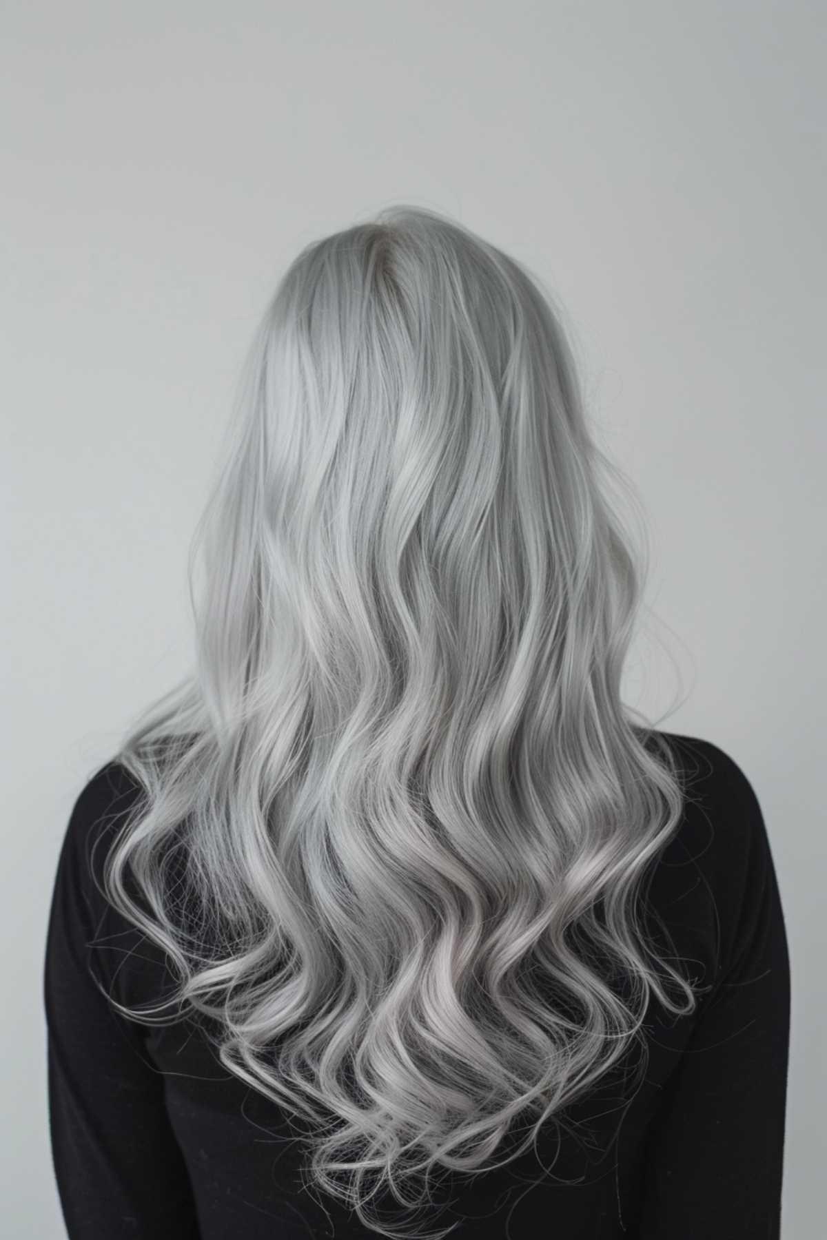 Long wavy icy silver hair color