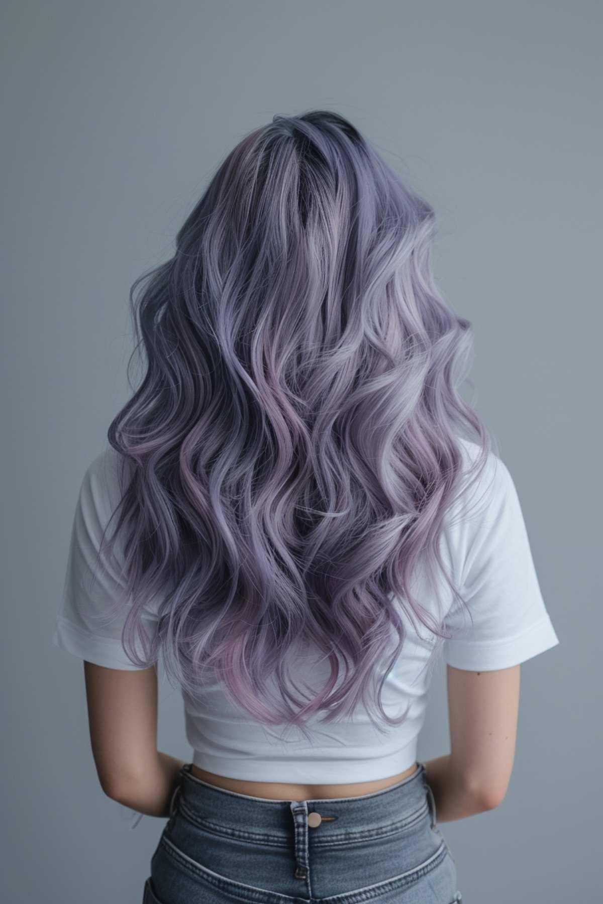 Long wavy lavender grey hair color