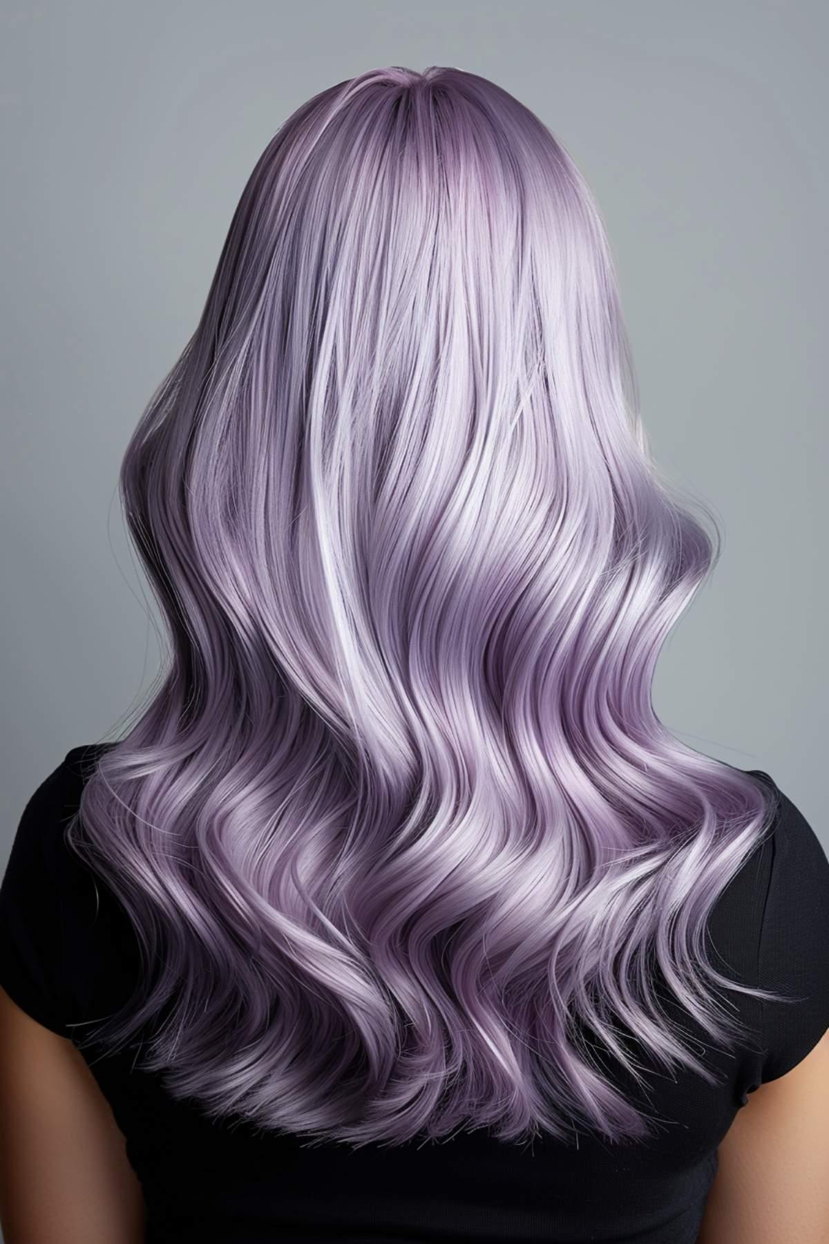 Long wavy purple grey hair color