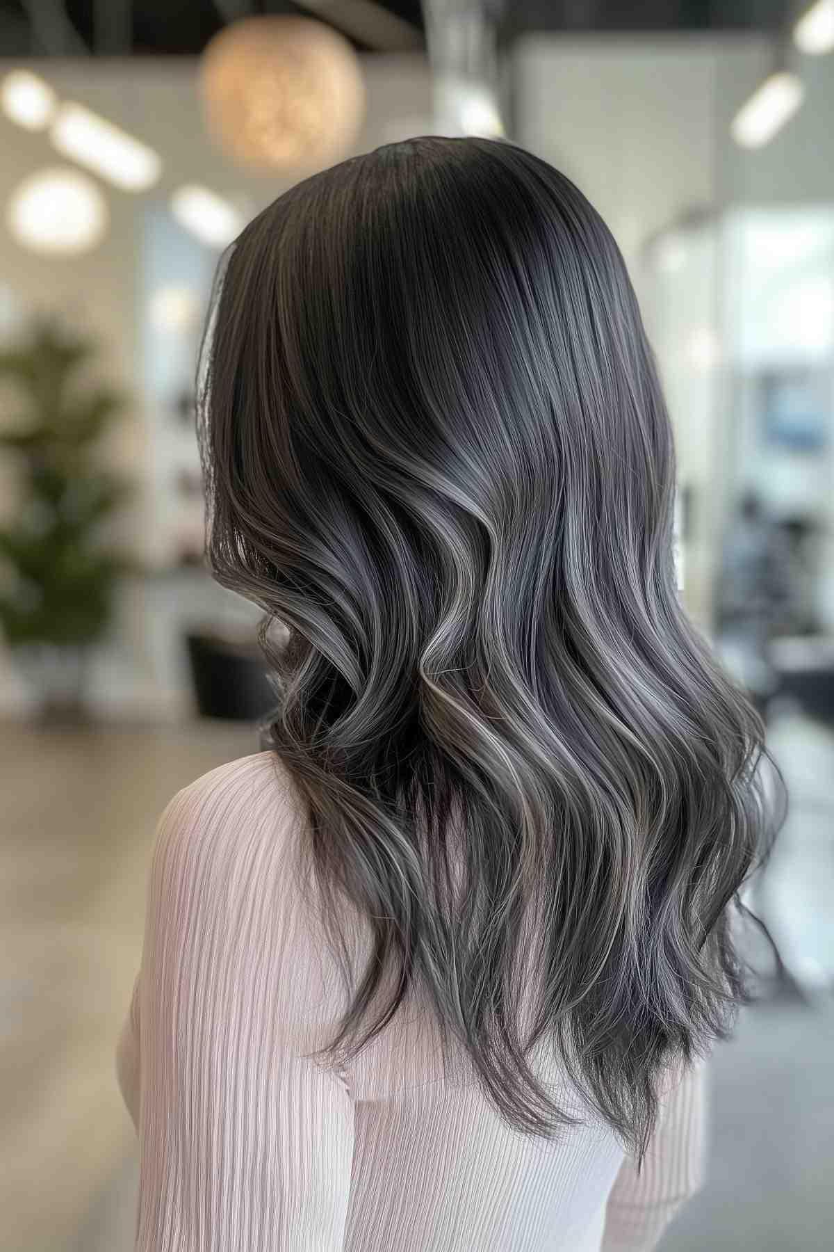 low maintenance soft grey accents on black hair