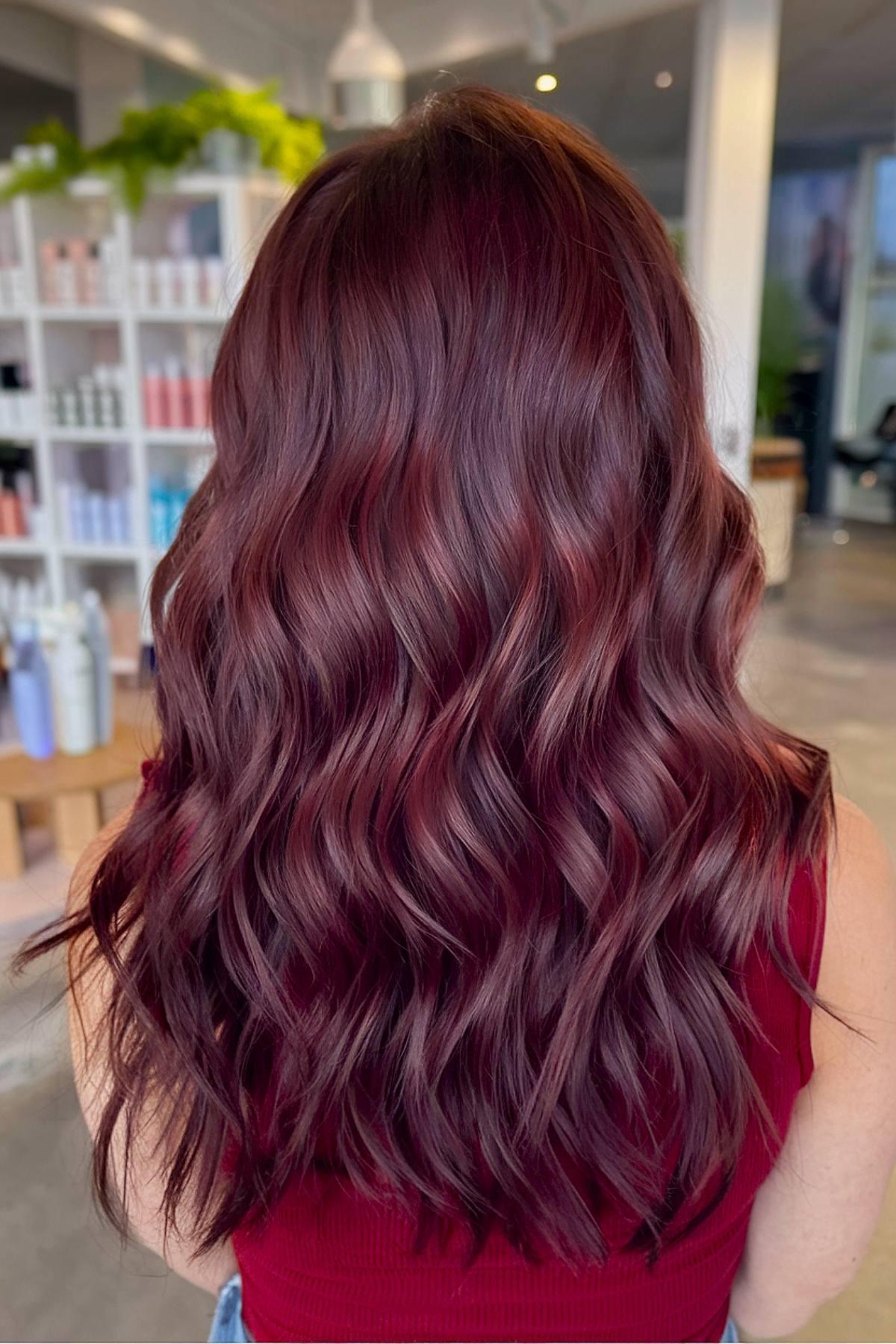 Maroon red wine hair color with loose curls