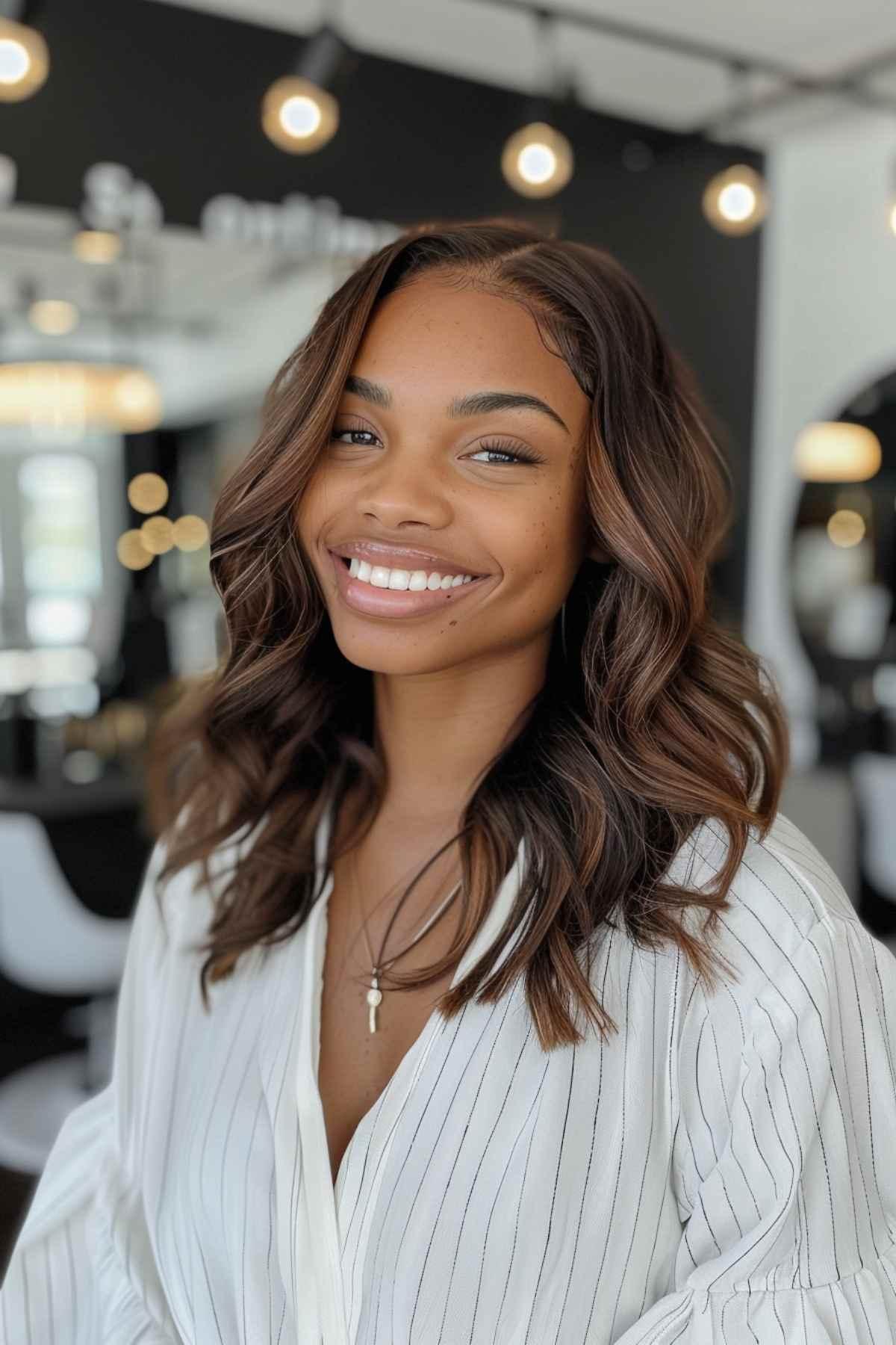 Medium brown hair styled in soft waves for brown skin