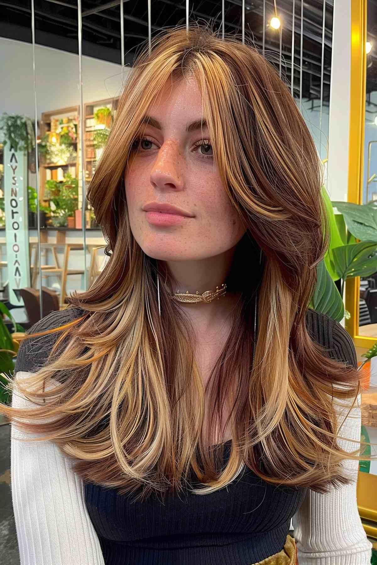 Medium-length hair with blonde highlights, waves, and curtain bangs