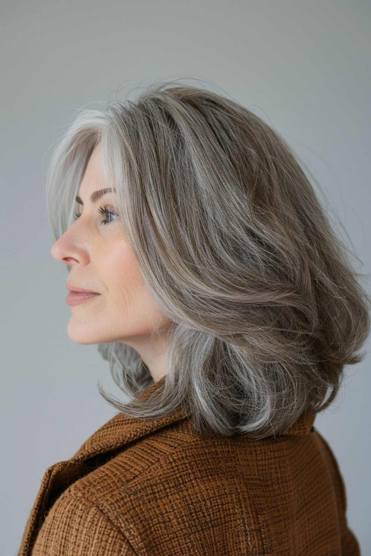 Medium-length hairstyle with soft layered grey blending