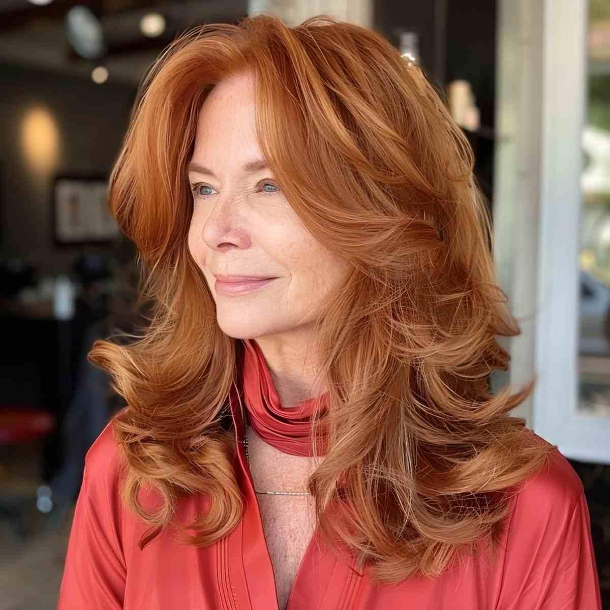 Mid-Length Haircut with a Ginger Apricot Color for Women Over 50