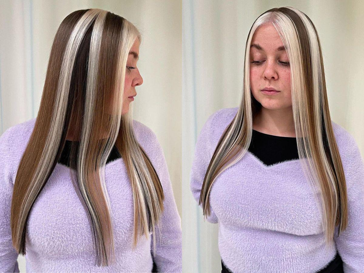 Mid-Long Brown, Blonde and Black Skunk Tri-Color Hair Stripes