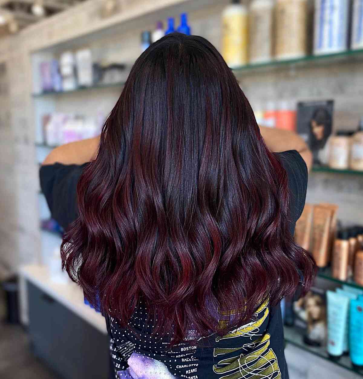 Mid-Long Dark Hair with Rich Burgundy Balayage Ombre