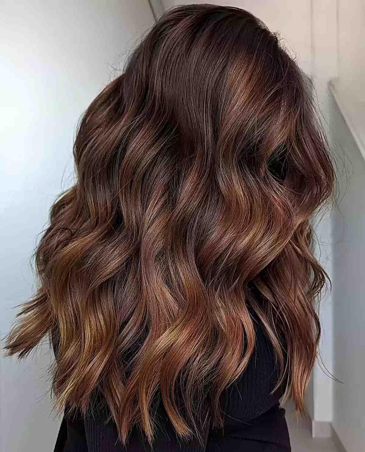 Muted Auburn Balayage with Lowlights and Long Waves