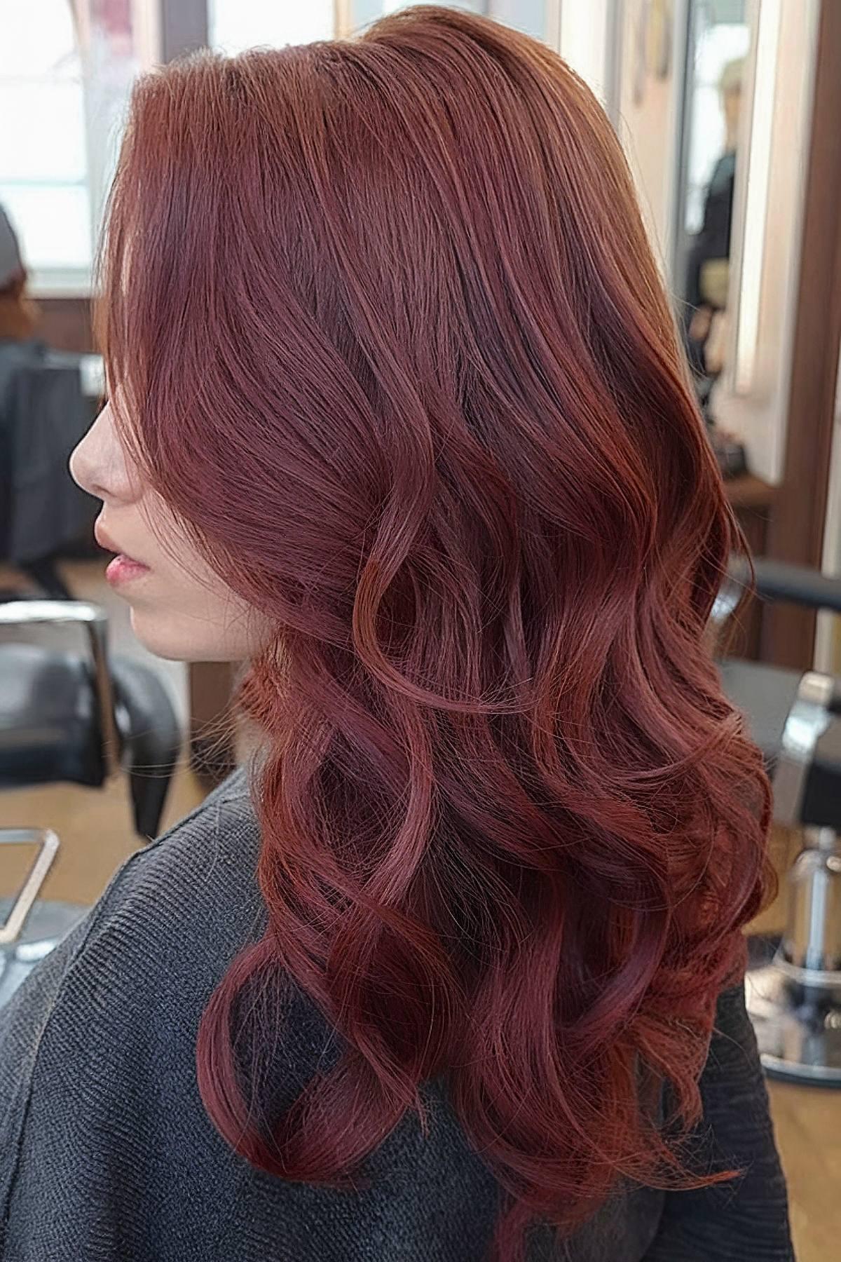 Natural-looking wine hair color on medium-length hair