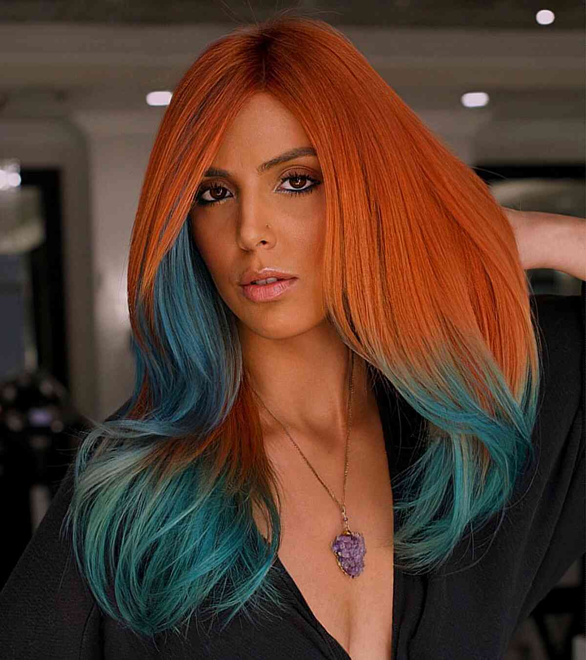 Orange to Teal Ombre Color Melt Hair Idea