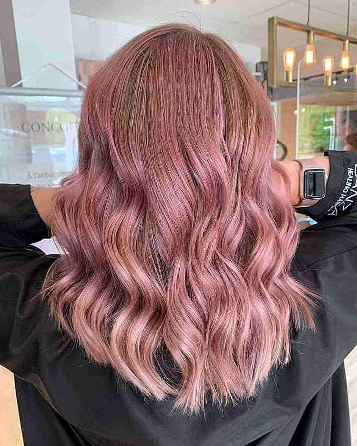 Pastel Pink Balayage on Wavy Mid-Length U-Shaped Cut