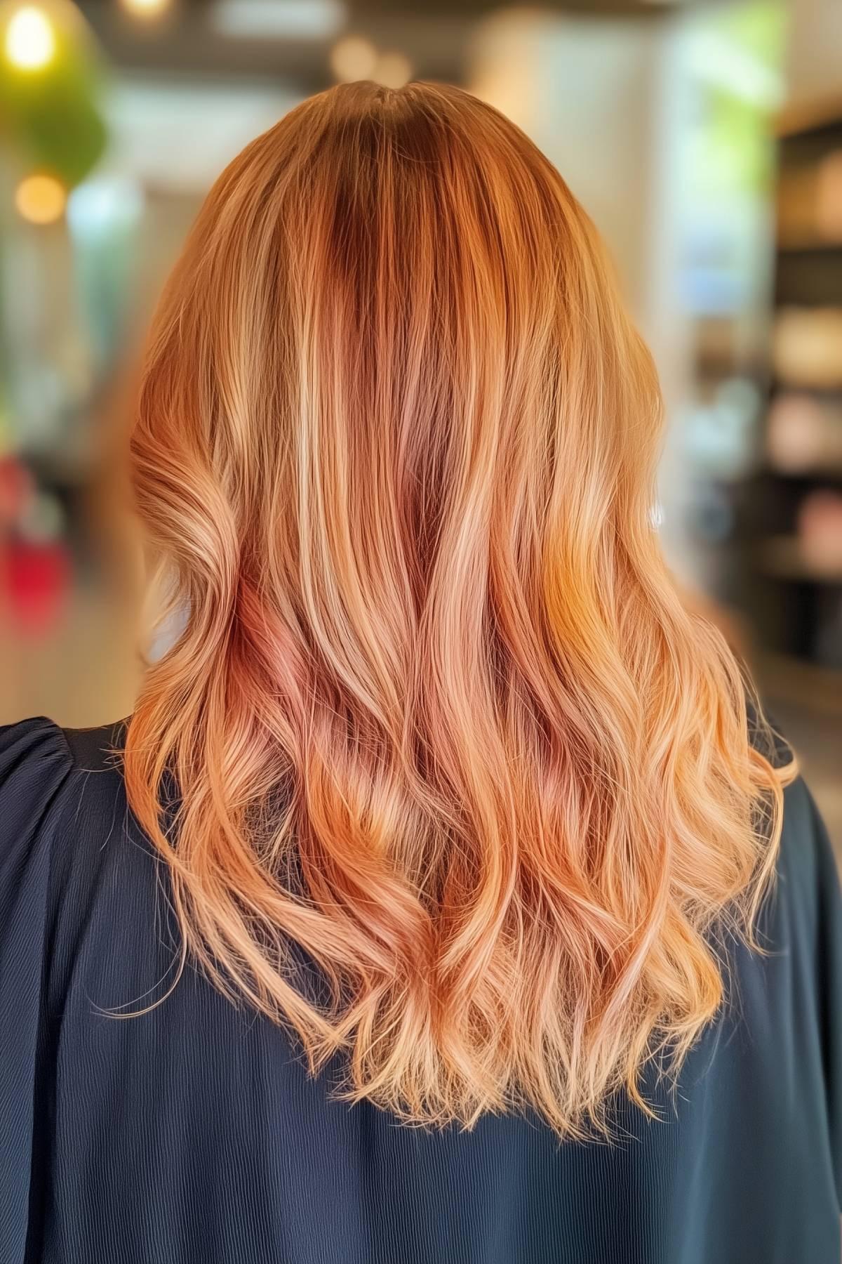 Peach waves hairstyle with subtle highlights on medium-length hair