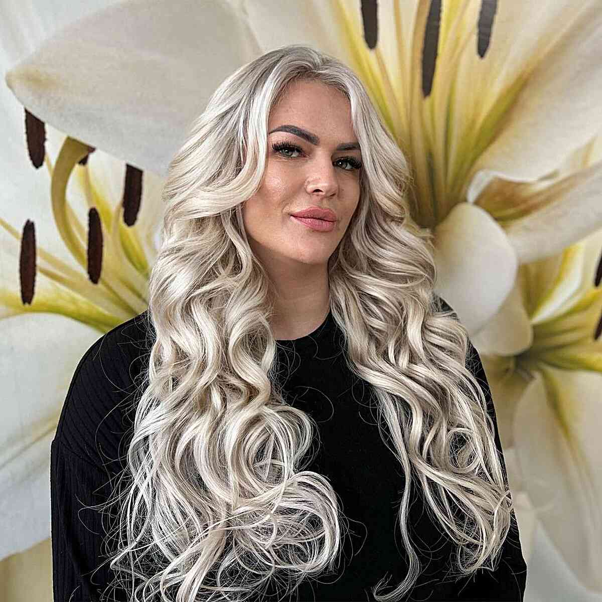 Perfect Platinum Curls on very long hair with curled wispy tips