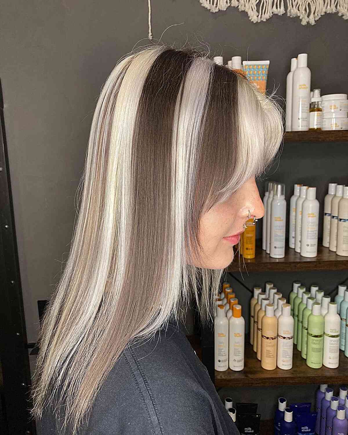 Platinum Blonde and Brown Medium Skunk Hair with Bangs