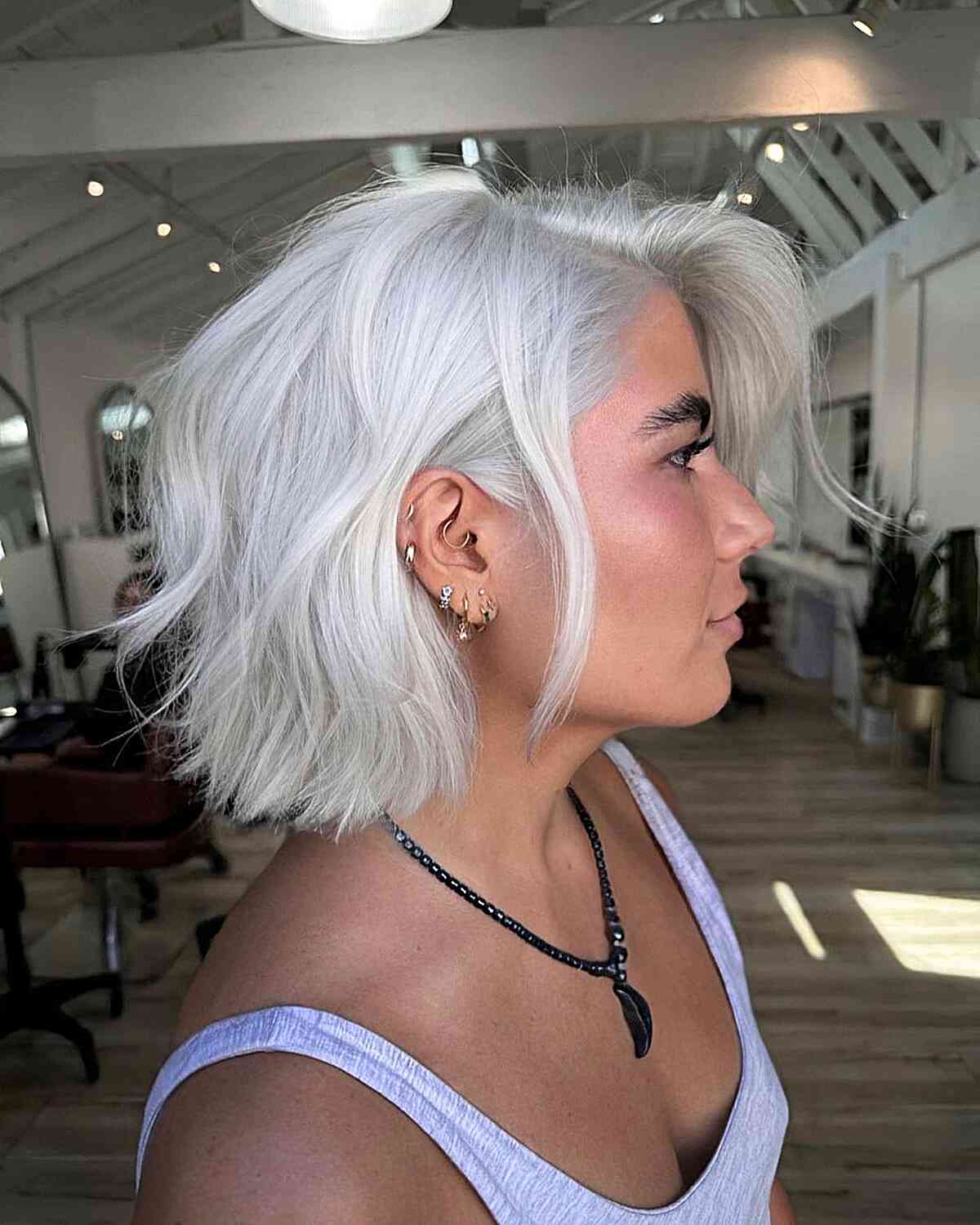 Platinum Blonde Tones on a Wavy Bob Cut