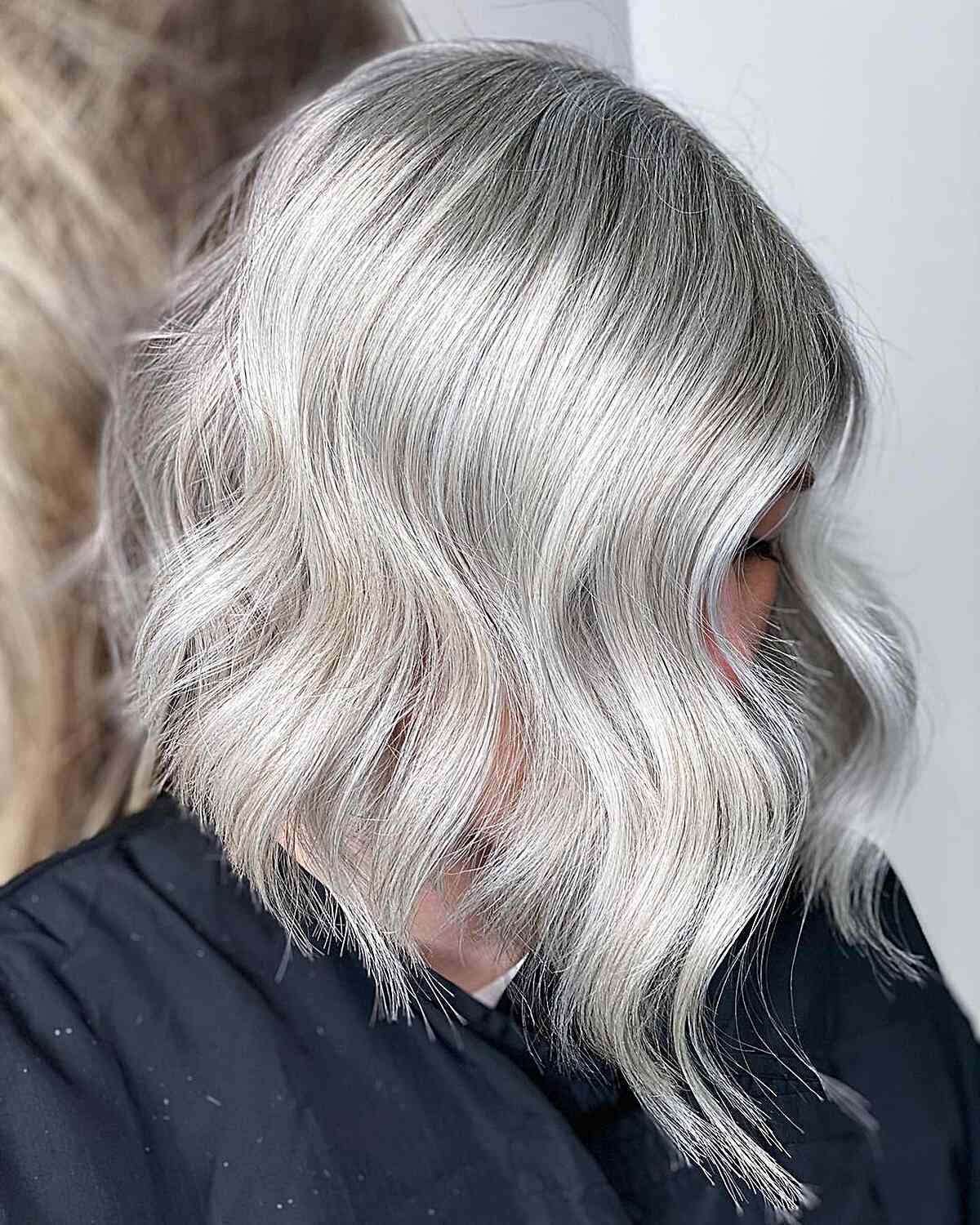 Platinum Silver Blonde Lob with Darker Roots