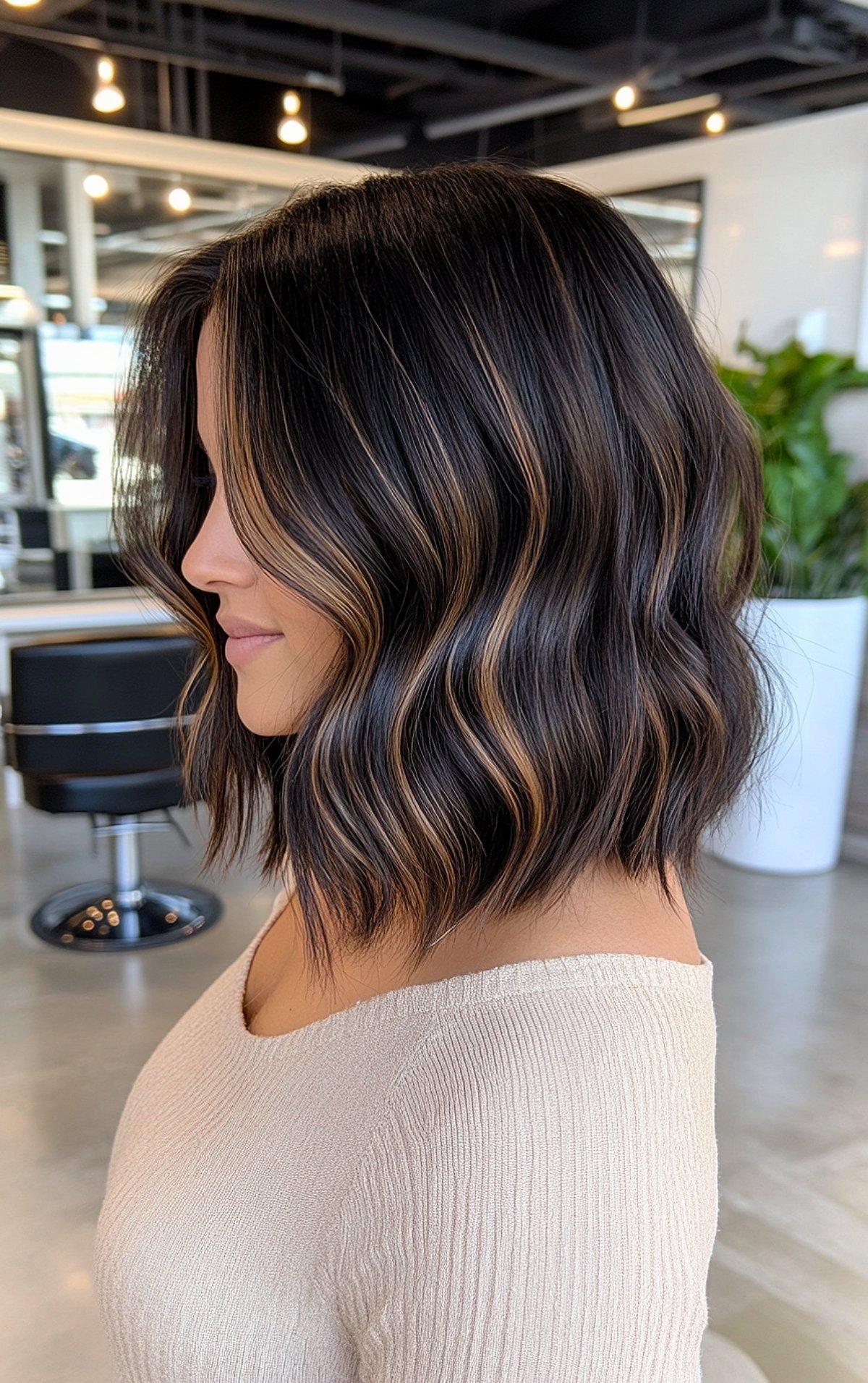 Rich espresso hair color with caramel highlights for wavy bob