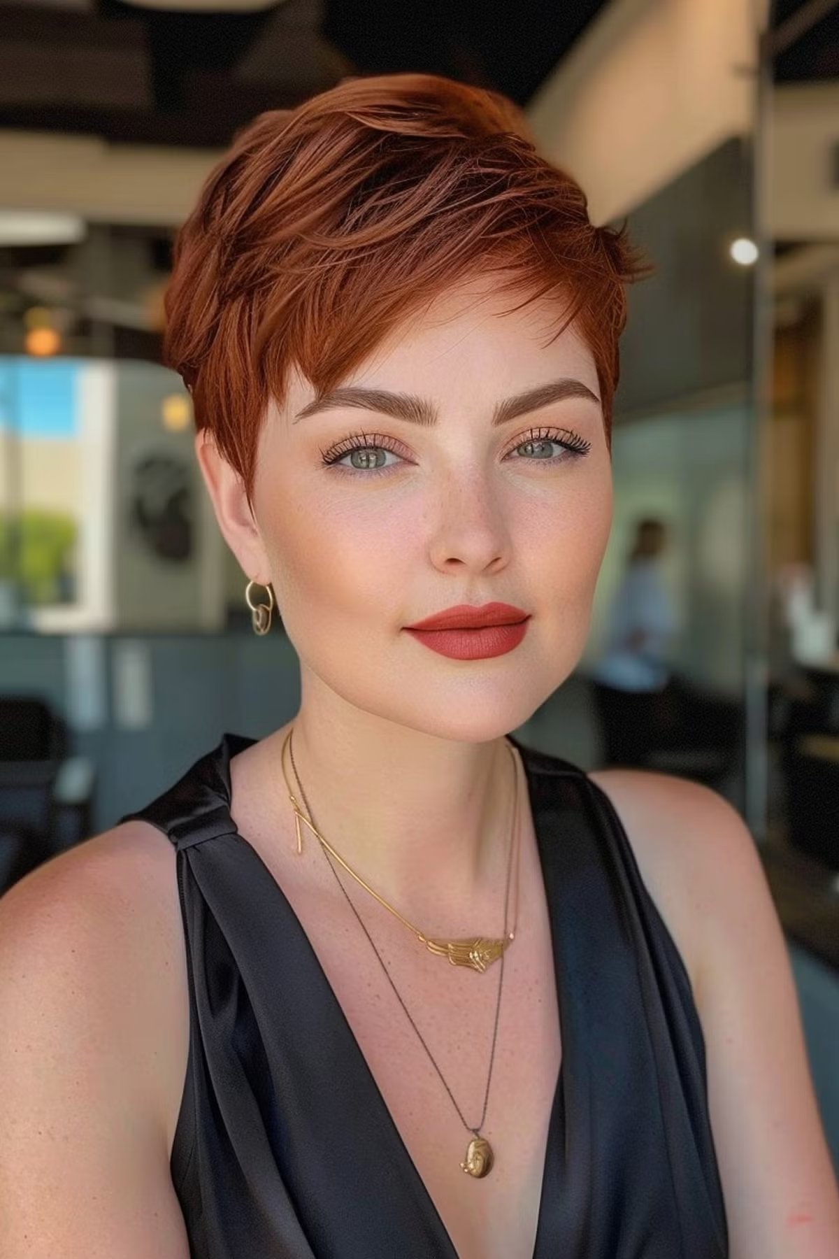 Short auburn red pixie cut