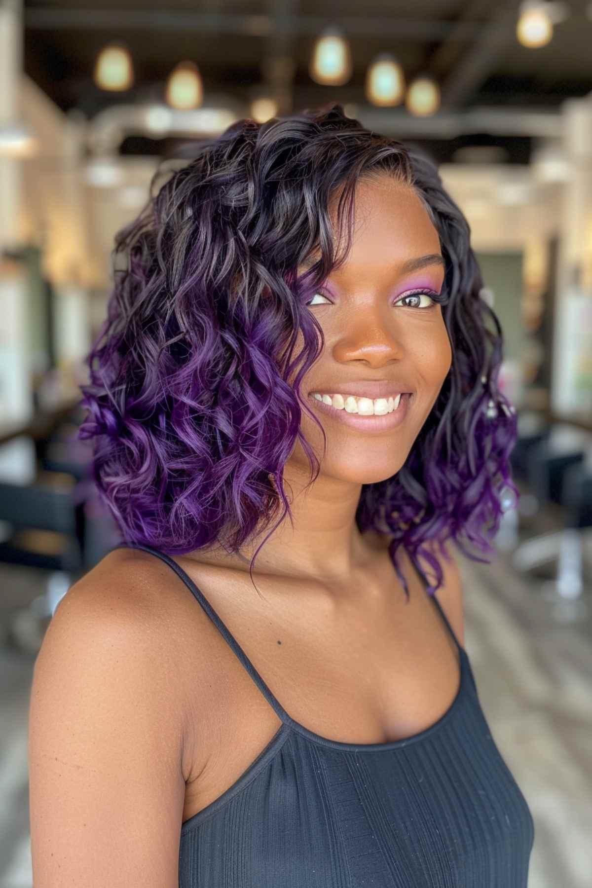 Short black hair with vibrant purple tips for brown skin