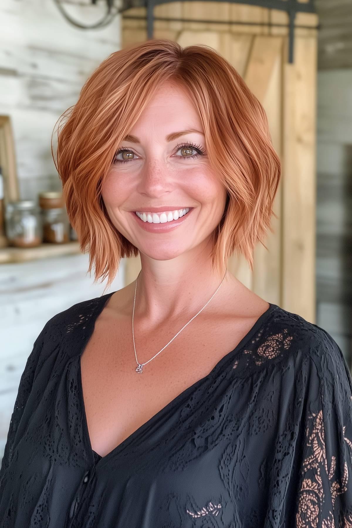 Short copper bob hairstyle with soft waves