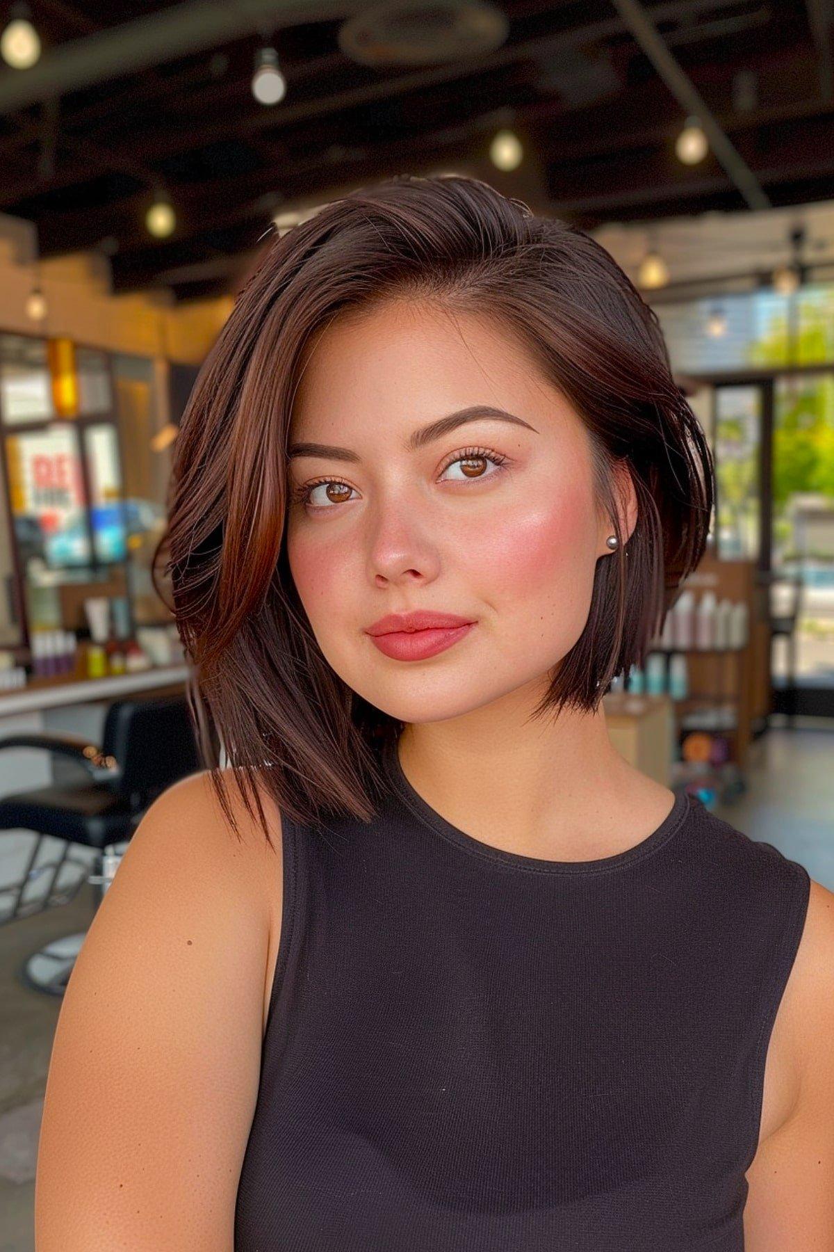 Short dark brown hair in sleek asymmetrical bob