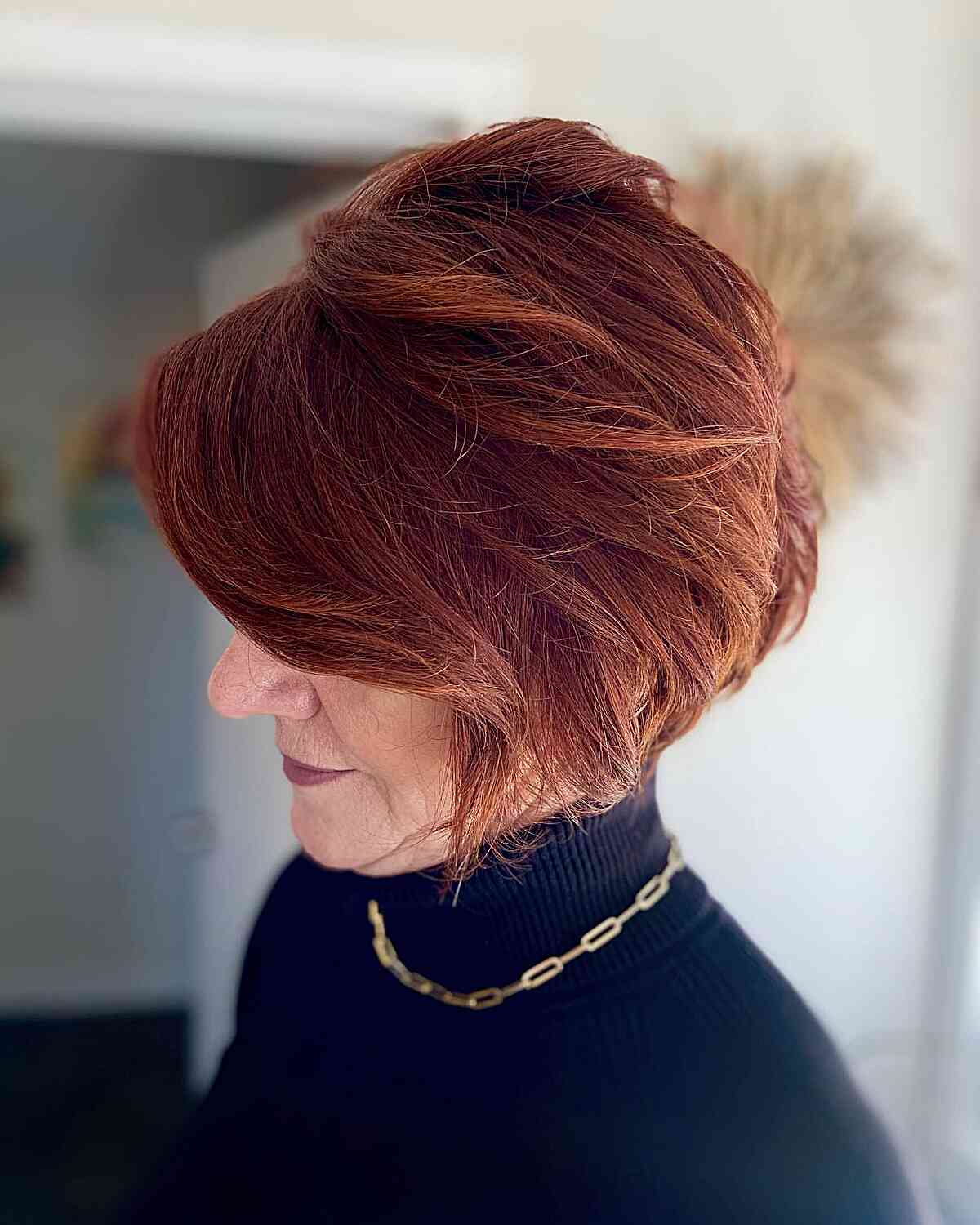 Short-Length Autumn Dark Crimson Layered Bob for Women Over 60 