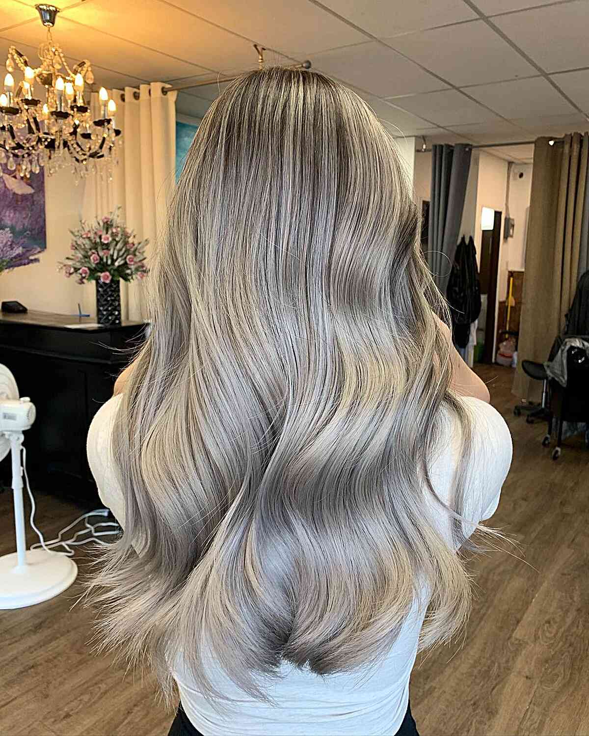 Silver Balayage Blonde Hair with a Root Shadow on Long-Length Waves