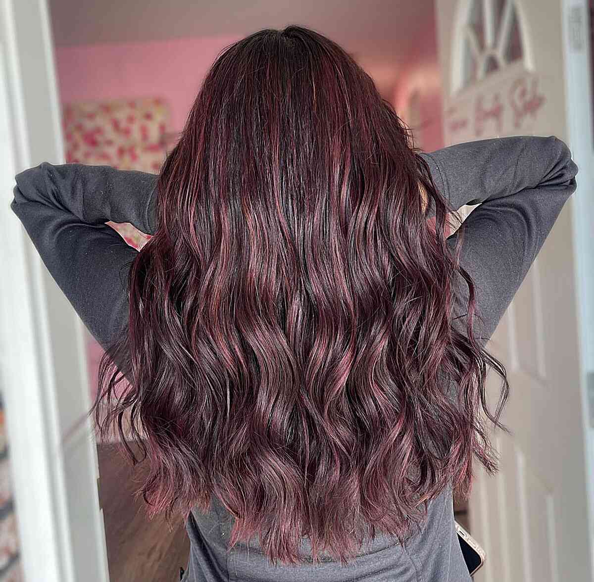 Soft Burgundy Balayage for Long Brunette Hair