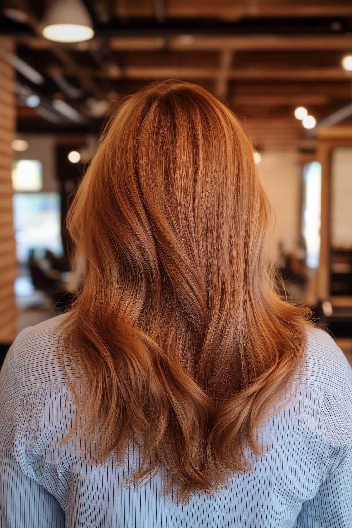 Soft copper waves hairstyle with shadow root