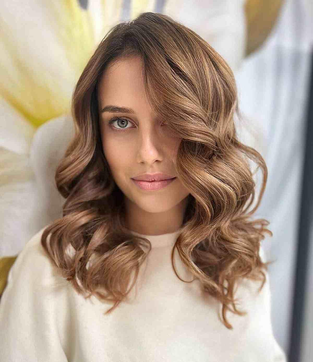 Solid Caramel Balayage with Curled Tips