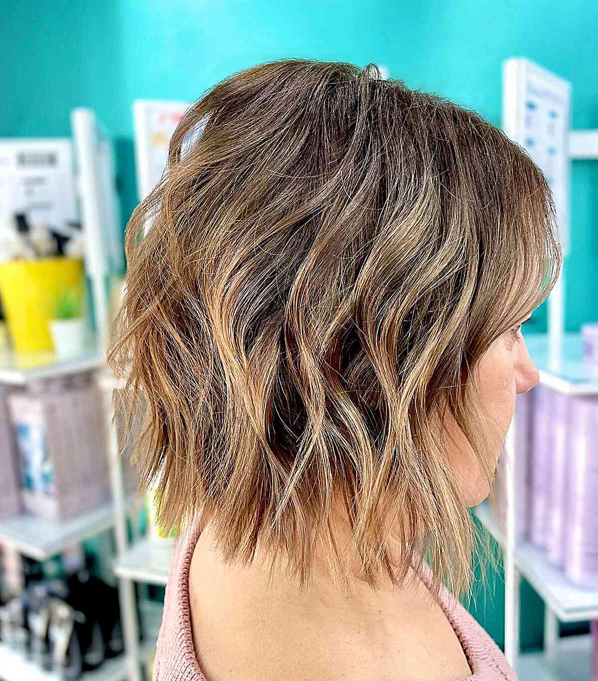 Toasted Light Brown Highlights on Short Wavy Bob