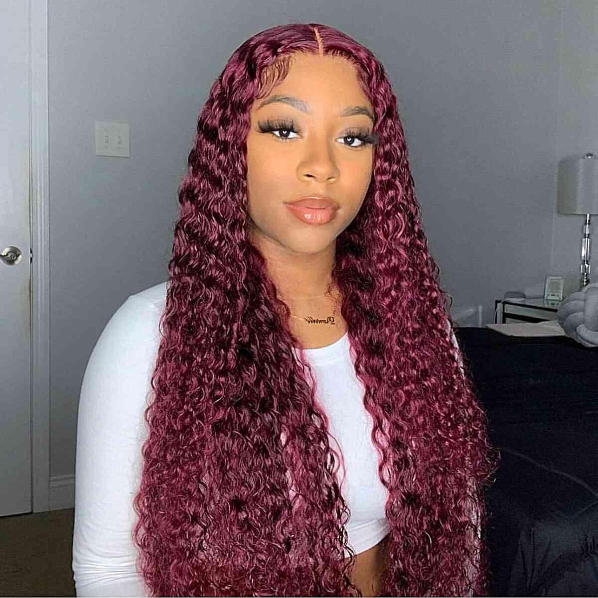 Very Long Glossy Burgundy Deep Wave Wig on Black Women