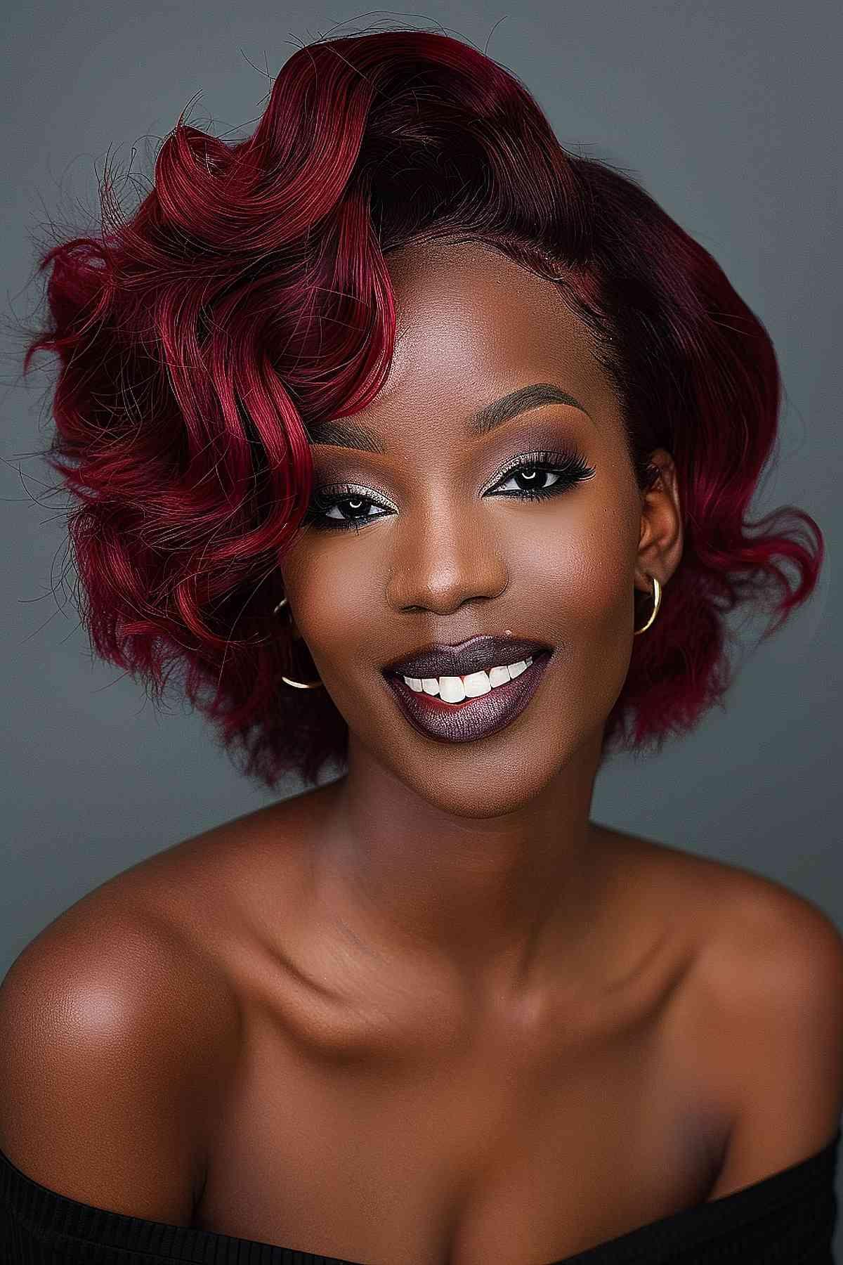 Vibrant cherry red curls on a black woman, showcasing confidence and style.