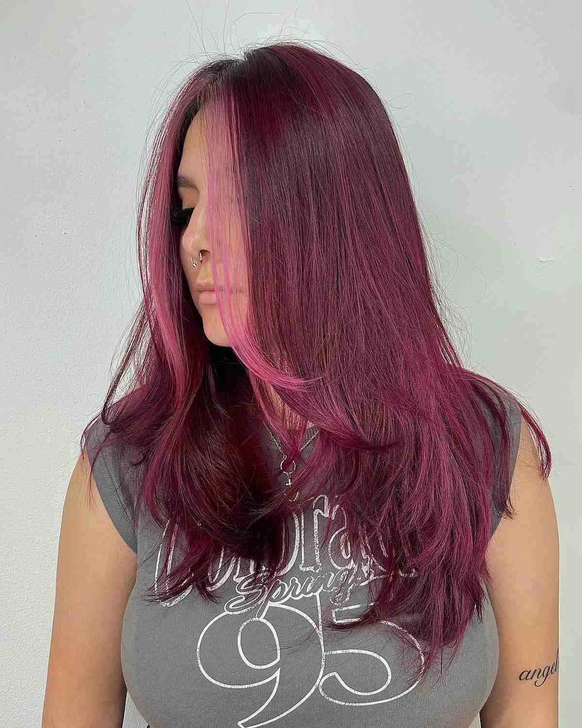 Vivid Burgundy Balayage with Money Pieces for Long Hair with Mid-Length Layers