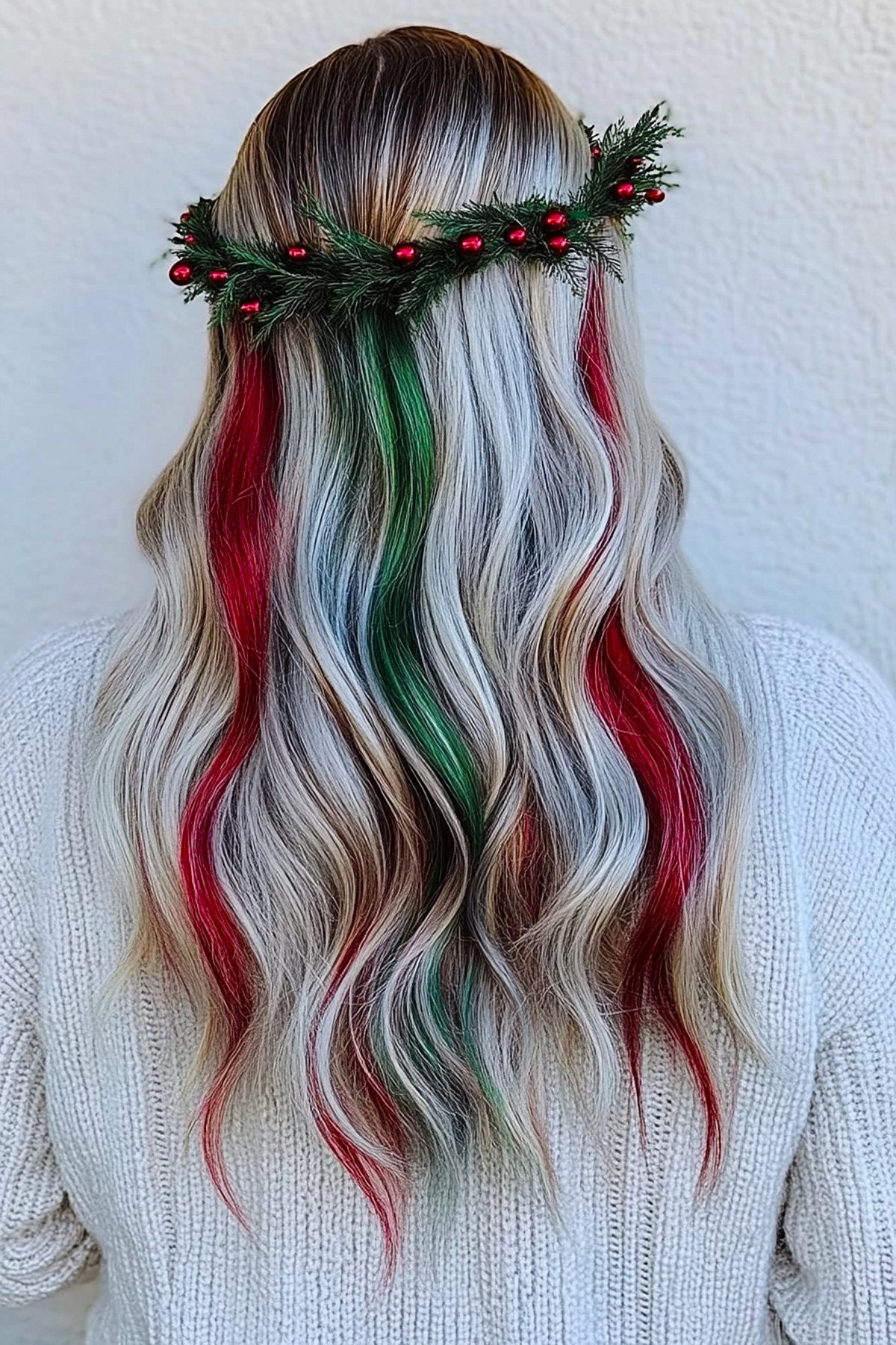 Vivid Christmas hair color with blonde waves and red and green streaks