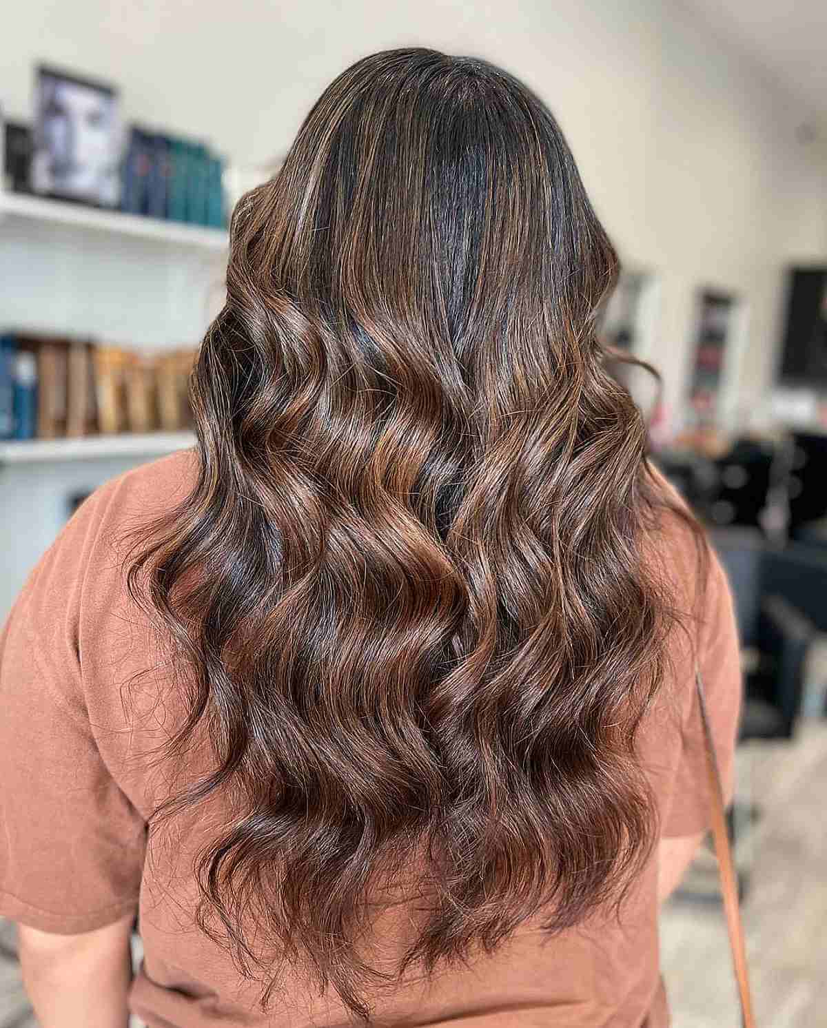 Vivid Light Brown Balayage on Dark Layered Hair