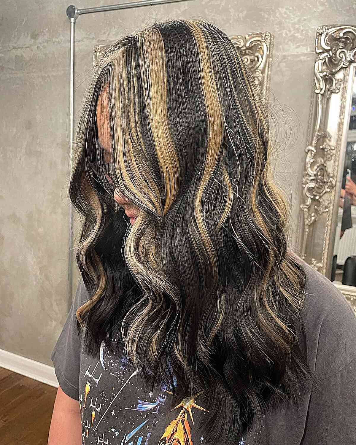 Warm Blonde Chunky Skunk Striped Highlights on Medium Dark Hair