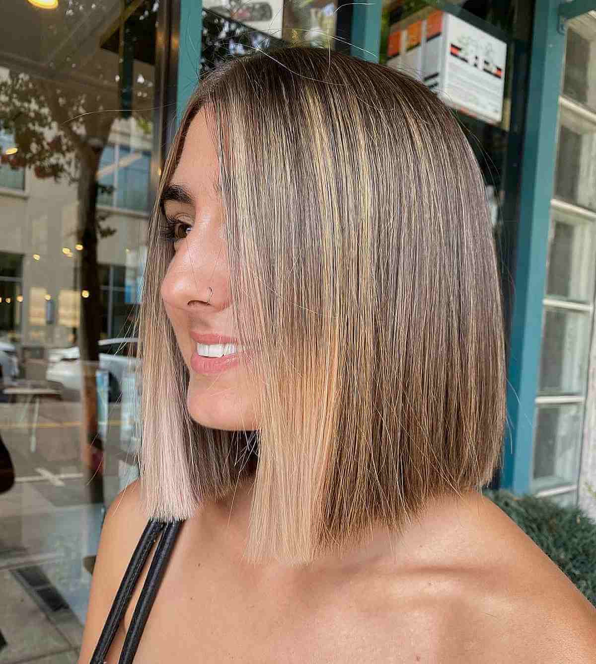 Warm Blonde Money Piece on Short Brown Hair