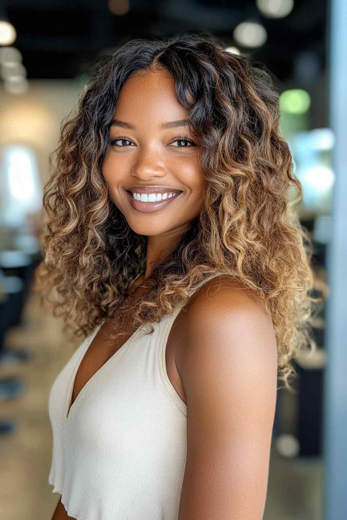 warm honey balayage for brown skin