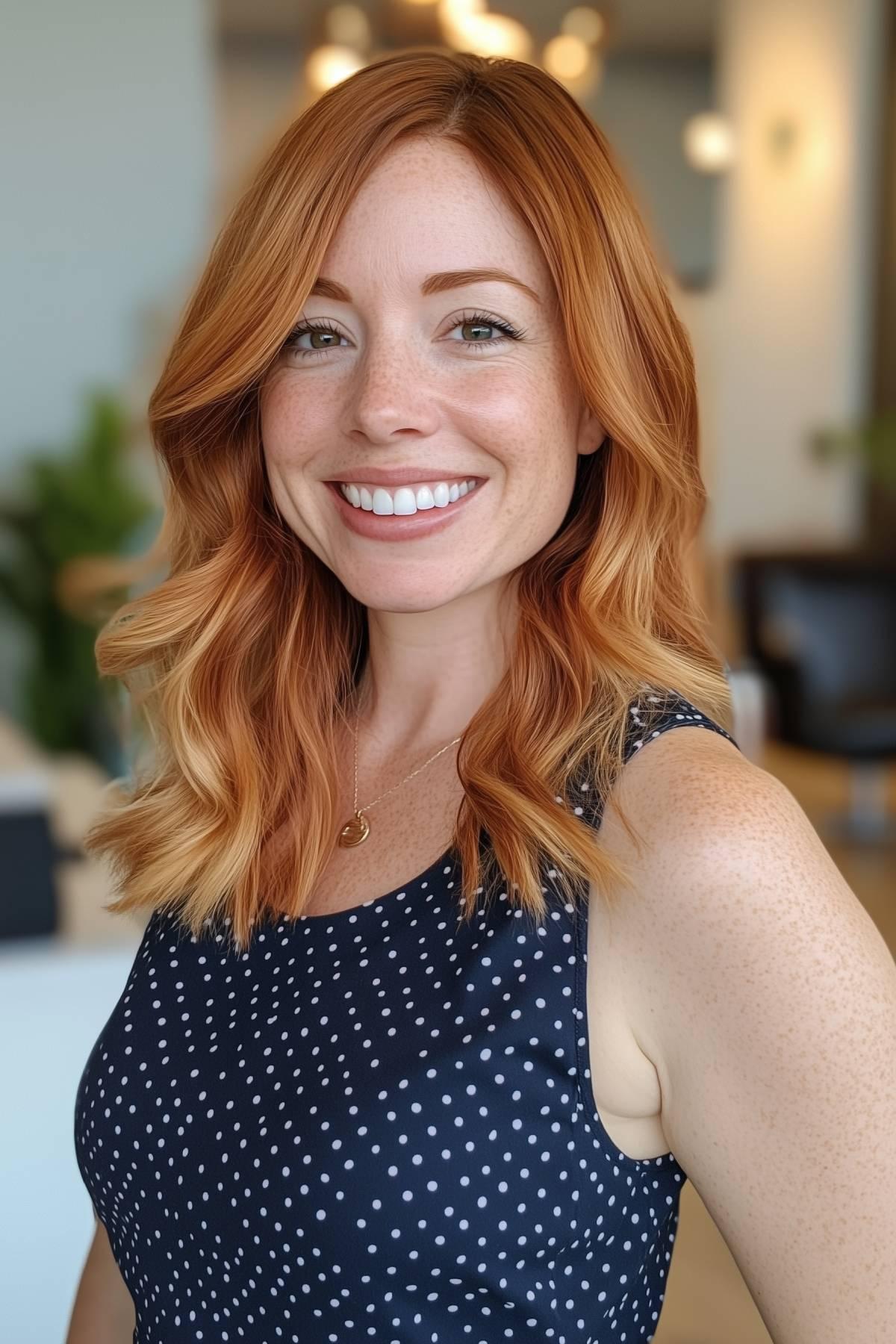 Warm light copper hair with subtle brown highlights on a woman