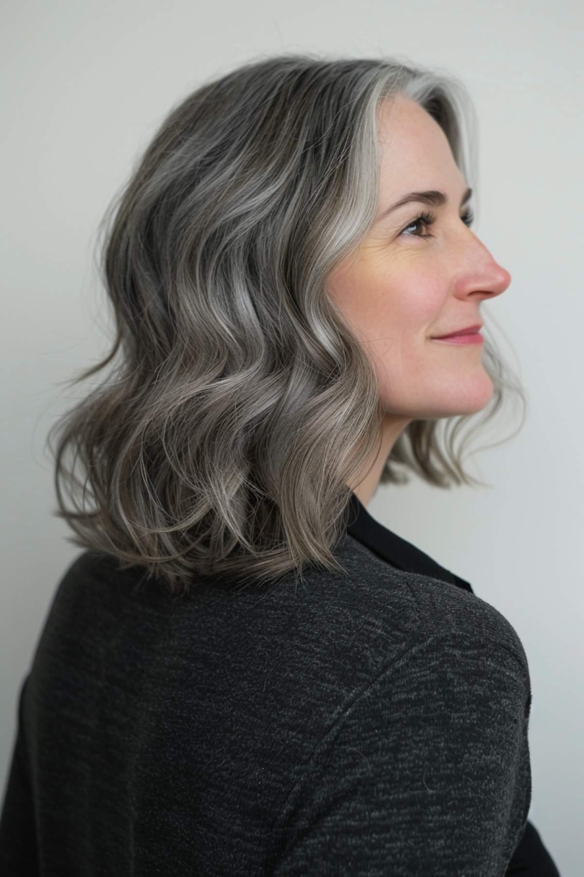 Warm shoulder-length waves with natural grey hair